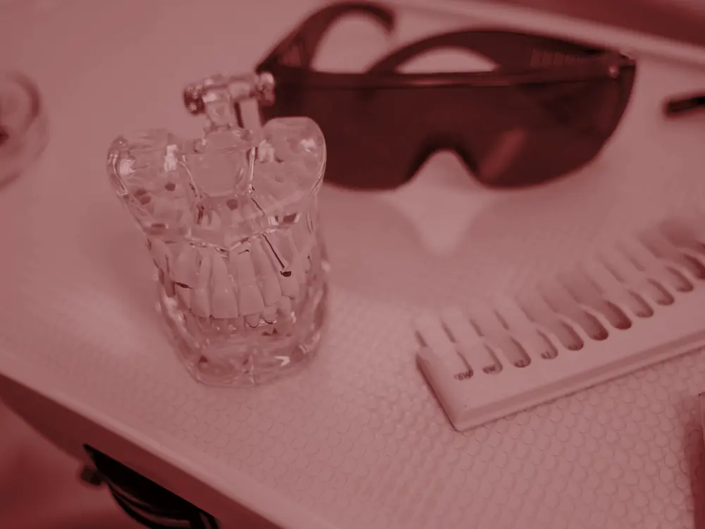 Clear jaw model with a tooth shade guide and protective glasses